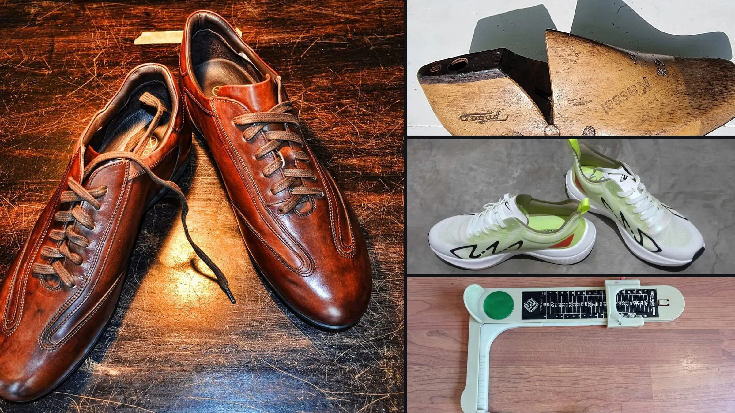 A banner of four photographs: a pair of brown leather shoes on a workbench, a wooden shoe last, a pair of running shoes and a foot-measuring gauge