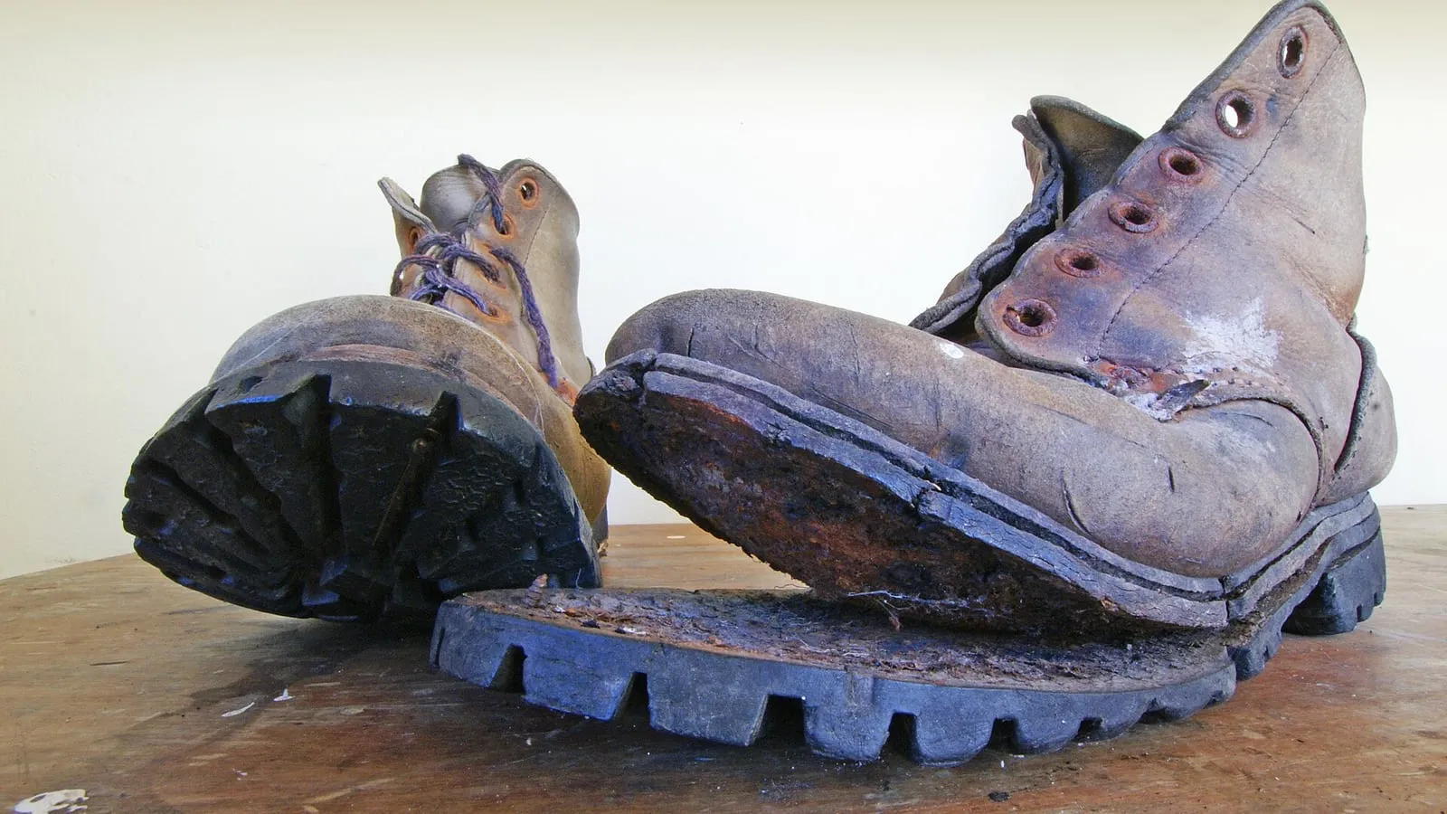 The worn sole of a shoe showing the tread pattern