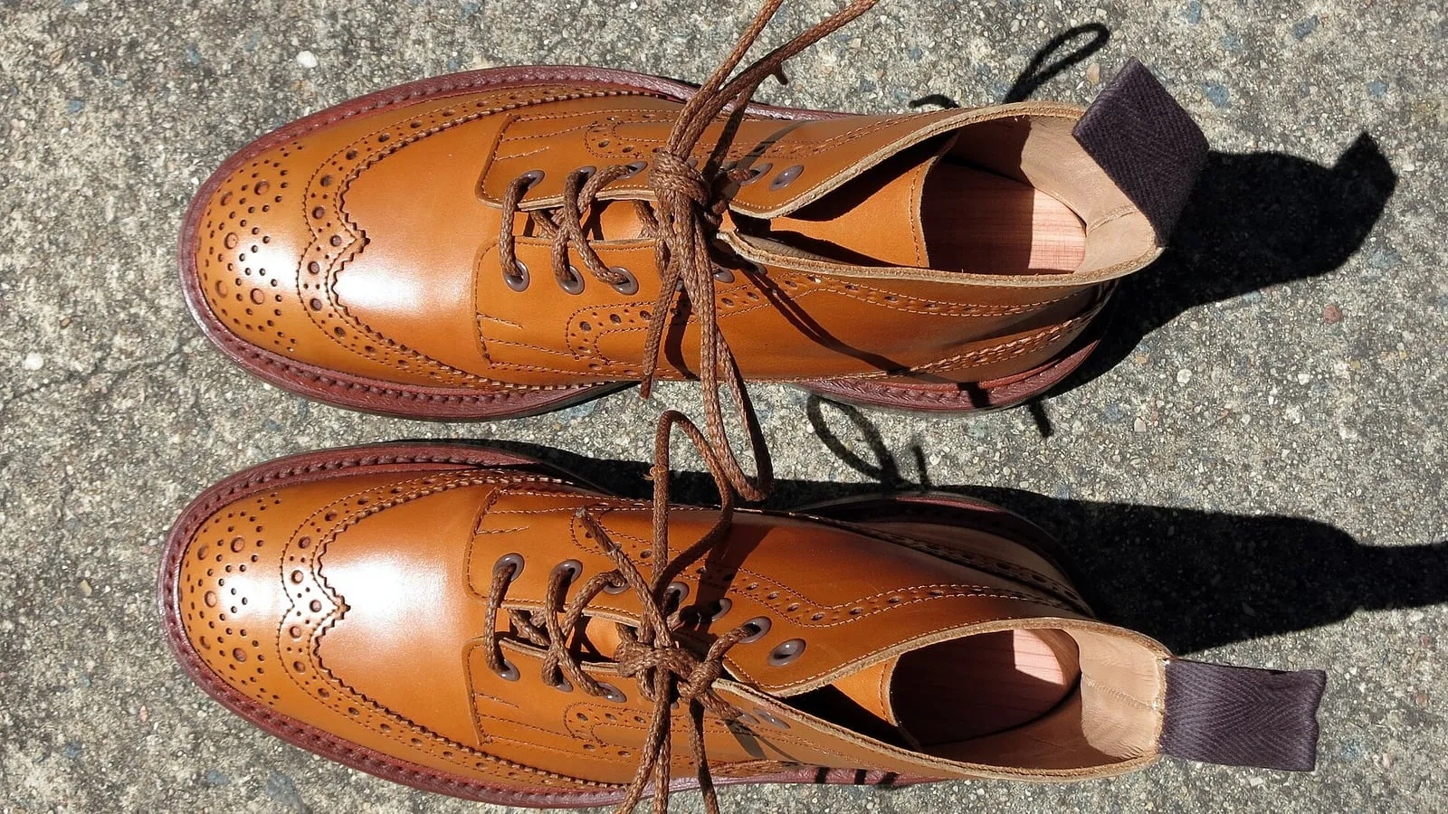 Shoes on a rack with wooden shoe trees fitted